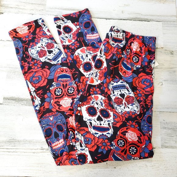 Candy Skull Women's Leggings Halloween Salmon Blue OSFM - Picture 1 of 4